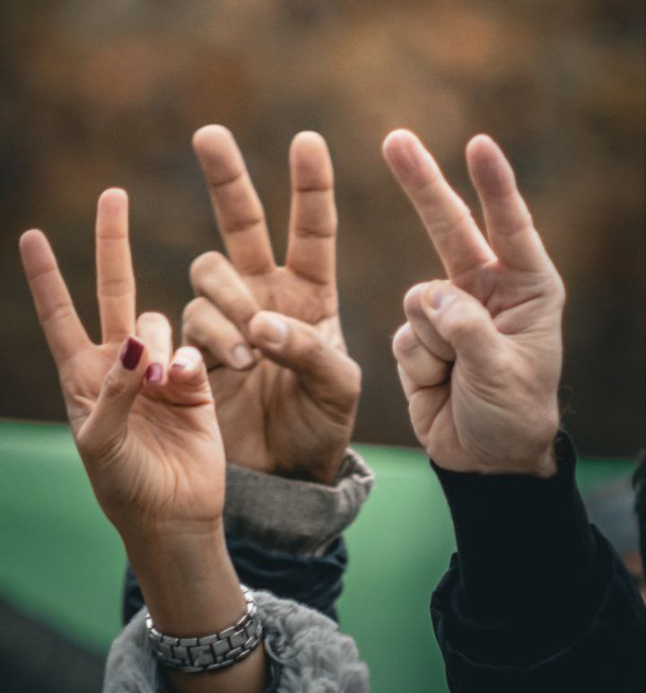 Photograph by Babak Dalivand, in Austria, Vienna, 2022. Three hands of Iranians protesting, two male and one female, are raised high in the 'peace sign,' also known as the 'victory sign.'